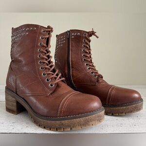 Carmela Brown Leather Studded Combat Style Boots with Zipper Closure